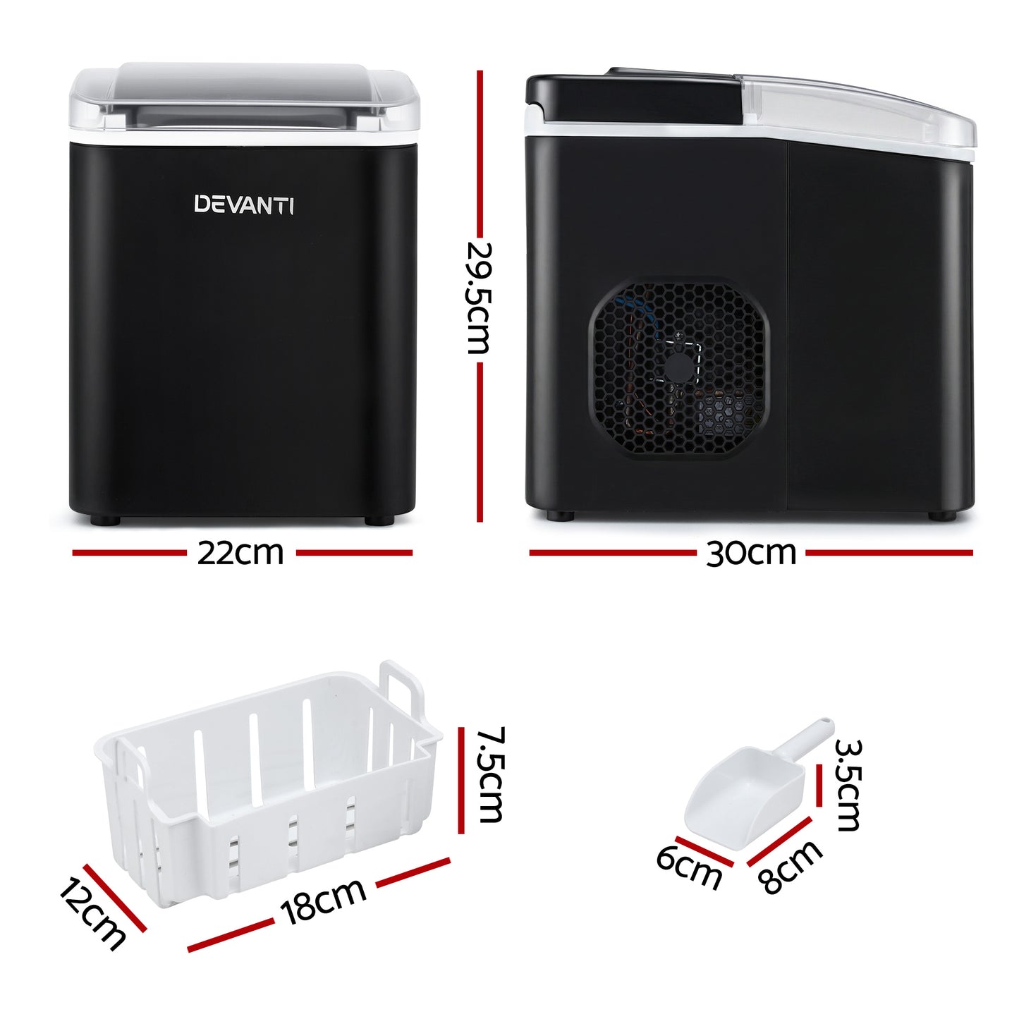 Devanti Ice Maker Machine Portable 12kg Countertop w/Self Cleaning 1.2L Black IM-ZB-OL-15A-BK