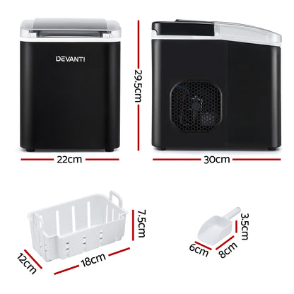 Devanti Ice Maker Machine Portable 12kg Countertop w/Self Cleaning 1.2L Black IM-ZB-OL-15A-BK