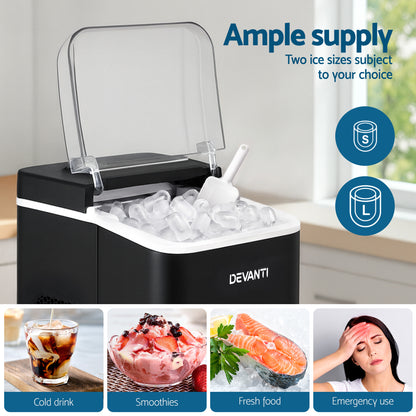 Devanti Ice Maker Machine Portable 12kg Countertop w/Self Cleaning 1.2L Black IM-ZB-OL-15A-BK