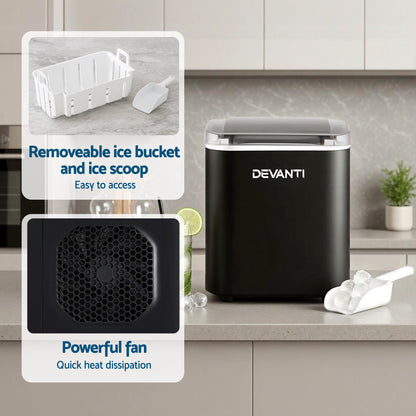 Devanti Ice Maker Machine Portable 12kg Countertop w/Self Cleaning 1.2L Black IM-ZB-OL-15A-BK