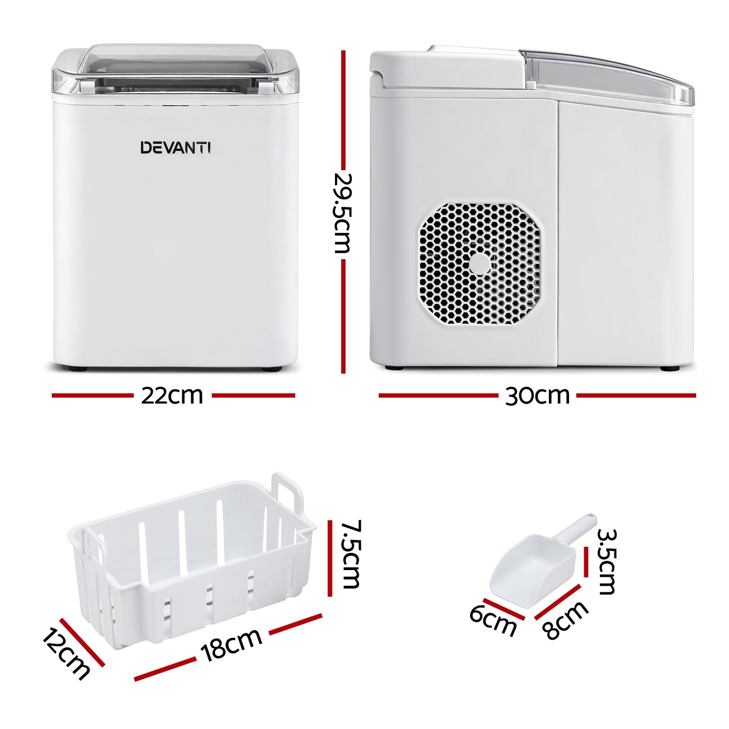 Devanti Ice Maker Machine Portable 12kg Countertop w/Self Cleaning 1.2L White IM-ZB-OL-15A-WH