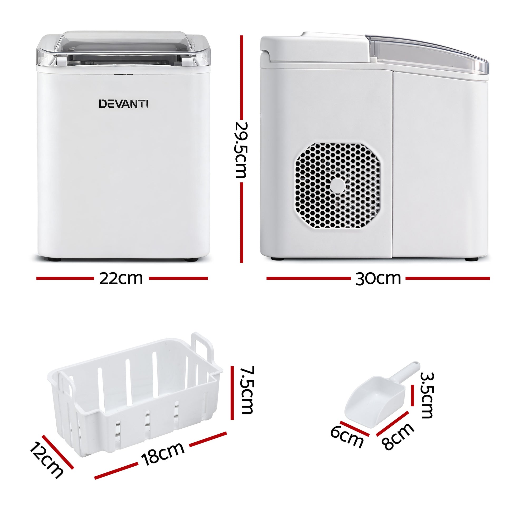 Devanti Ice Maker Machine Portable 12kg Countertop w/Self Cleaning 1.2L White IM-ZB-OL-15A-WH