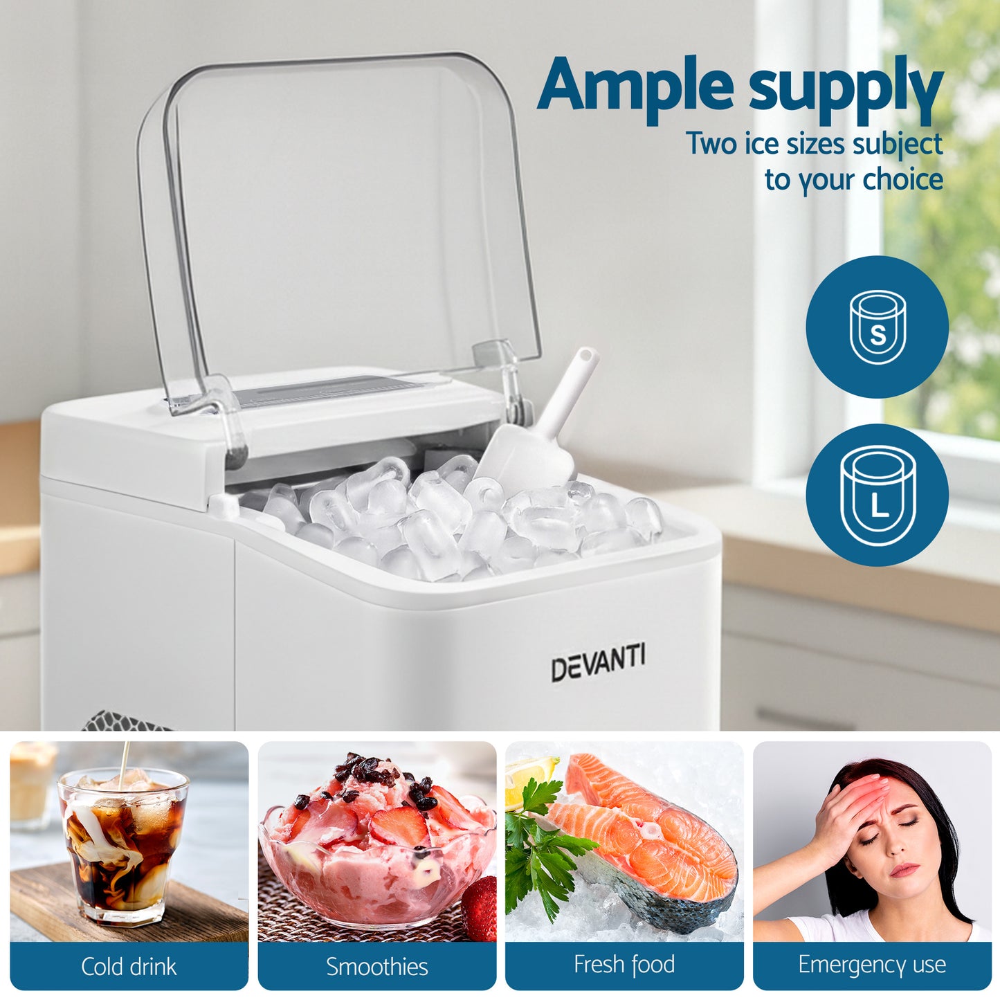 Devanti Ice Maker Machine Portable 12kg Countertop w/Self Cleaning 1.2L White IM-ZB-OL-15A-WH