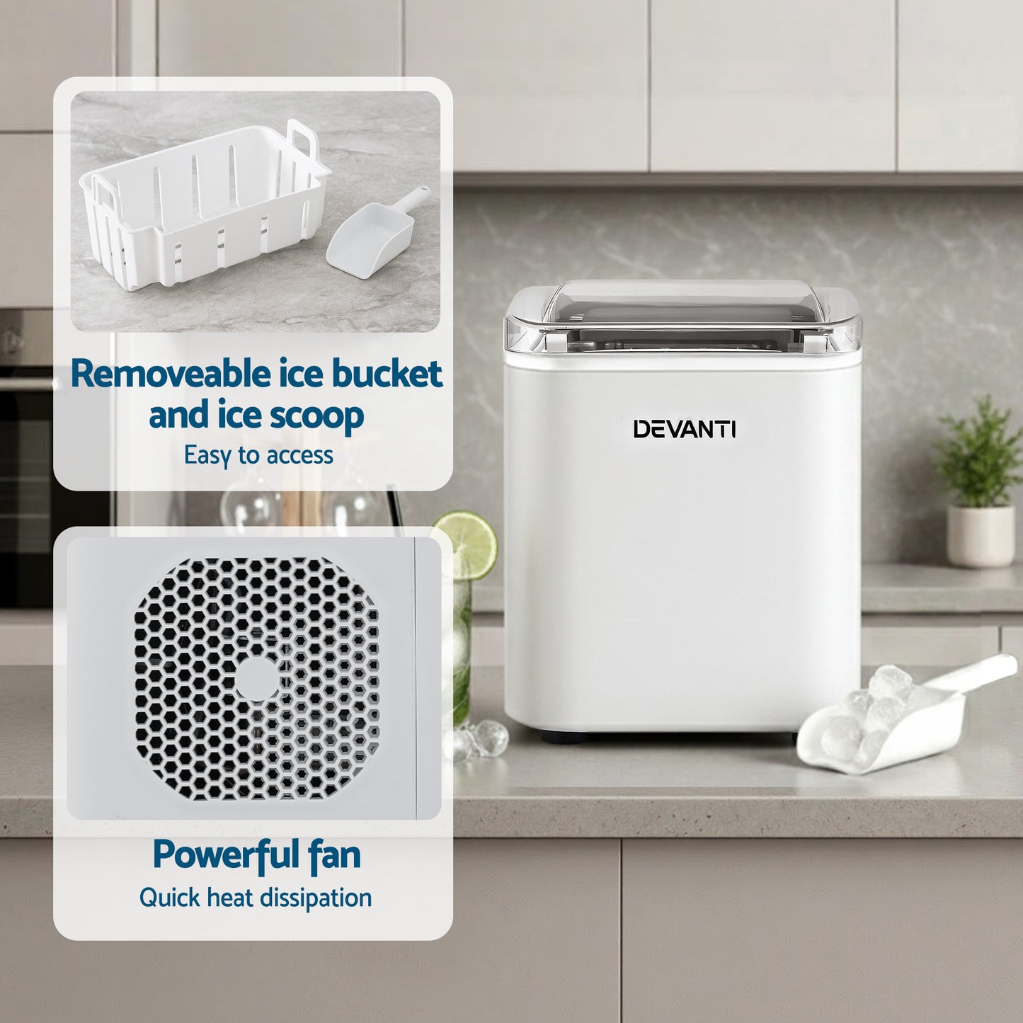 Devanti Ice Maker Machine Portable 12kg Countertop w/Self Cleaning 1.2L White IM-ZB-OL-15A-WH