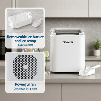 Devanti Ice Maker Machine Portable 12kg Countertop w/Self Cleaning 1.2L White IM-ZB-OL-15A-WH