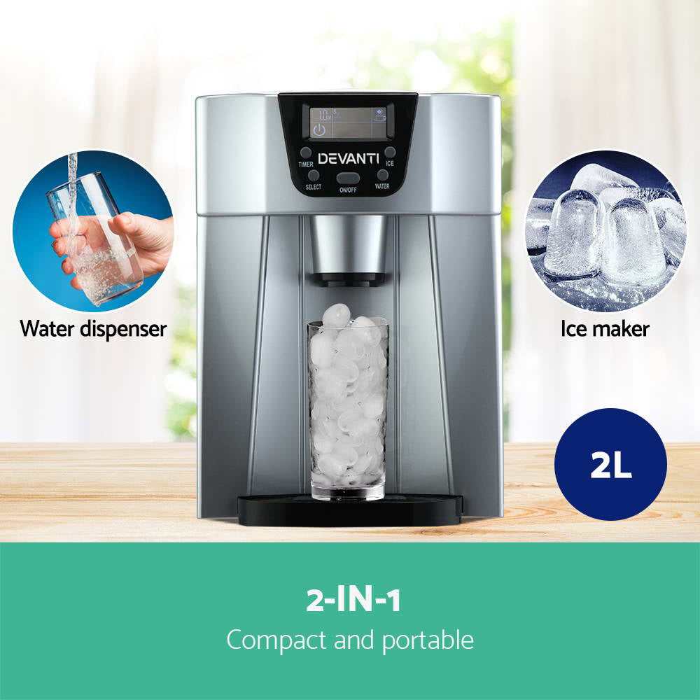Devanti 2L Portable Ice Cuber Maker & Water Dispenser - Silver IM-ZB12E-SR