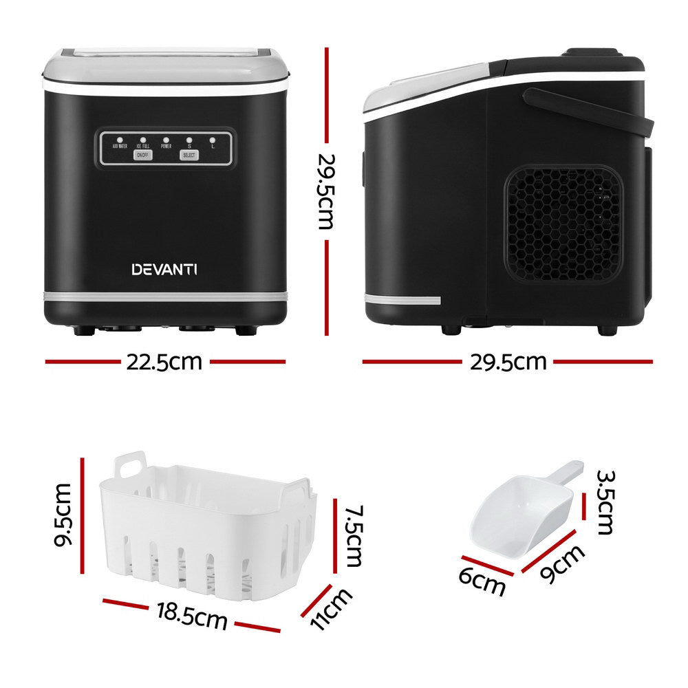 Devanti Ice Maker Machine Portable 12kg Countertop w/Self Cleaning 1.3L Black IM-ZB12K-BK