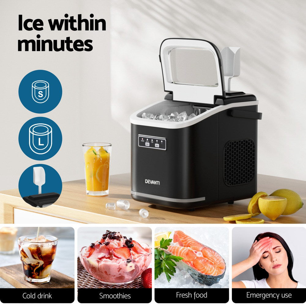 Devanti Ice Maker Machine Portable 12kg Countertop w/Self Cleaning 1.3L Black IM-ZB12K-BK