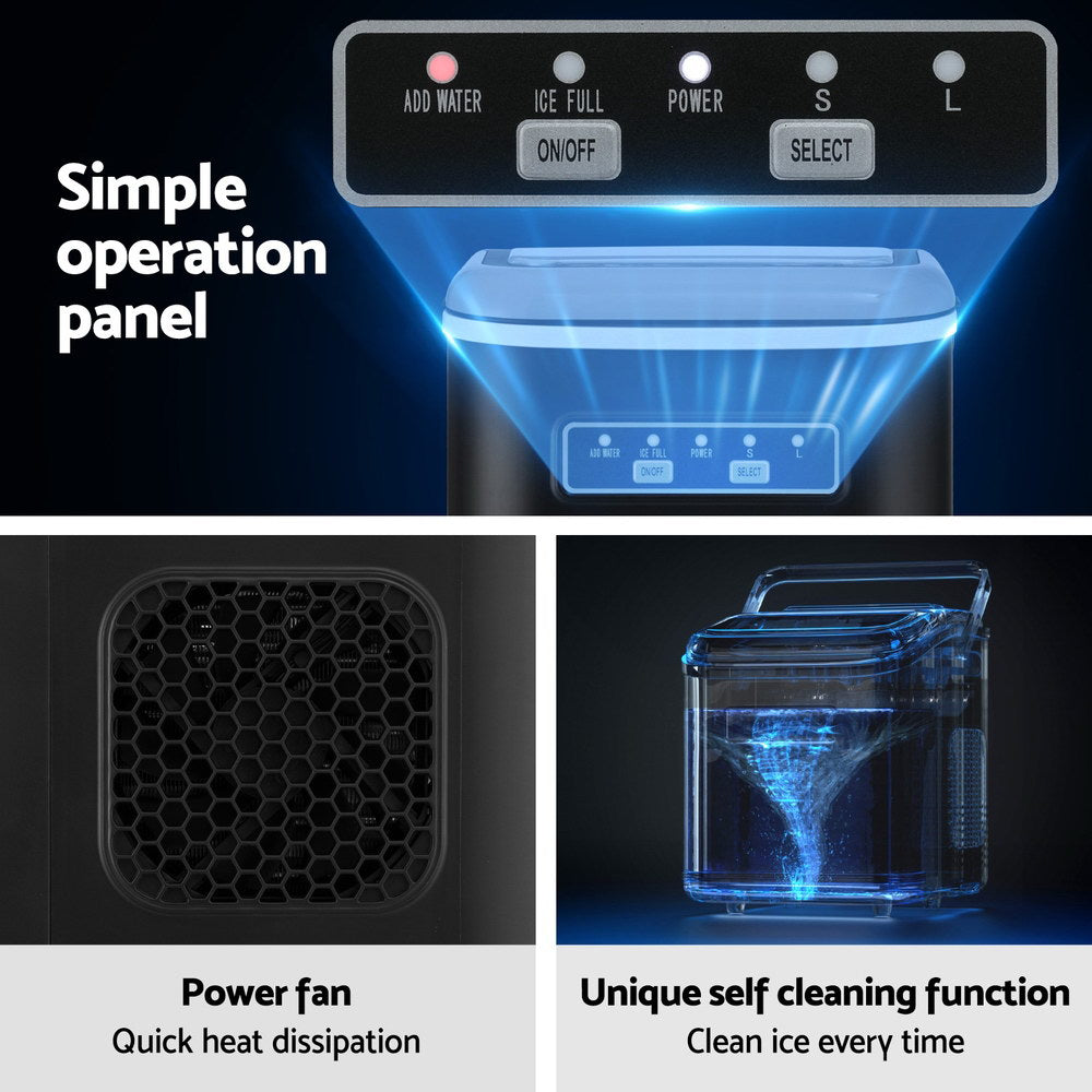 Devanti Ice Maker Machine Portable 12kg Countertop w/Self Cleaning 1.3L Black IM-ZB12K-BK
