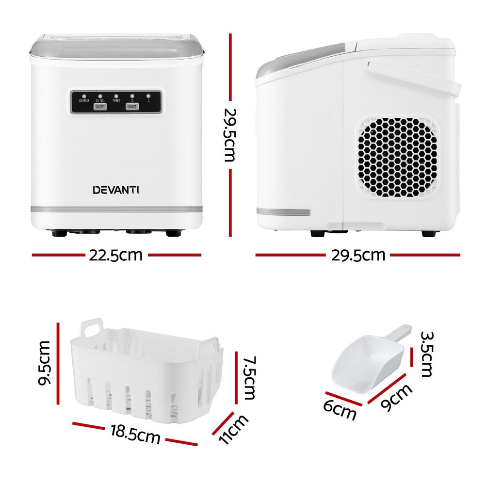 Devanti Ice Maker Machine Portable 12kg Countertop w/Self Cleaning 1.3L White IM-ZB12K-WH
