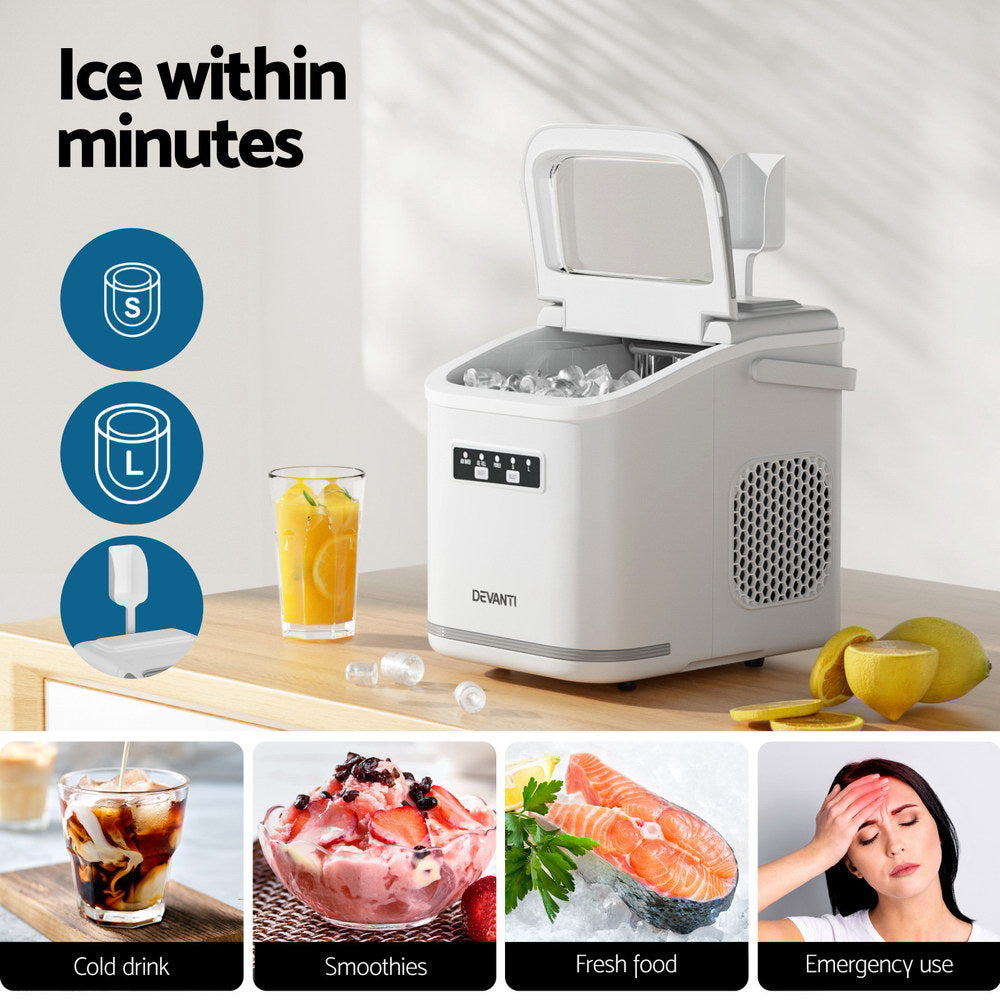 Devanti Ice Maker Machine Portable 12kg Countertop w/Self Cleaning 1.3L White IM-ZB12K-WH