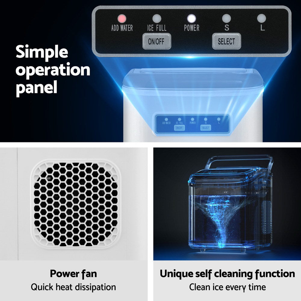 Devanti Ice Maker Machine Portable 12kg Countertop w/Self Cleaning 1.3L White IM-ZB12K-WH