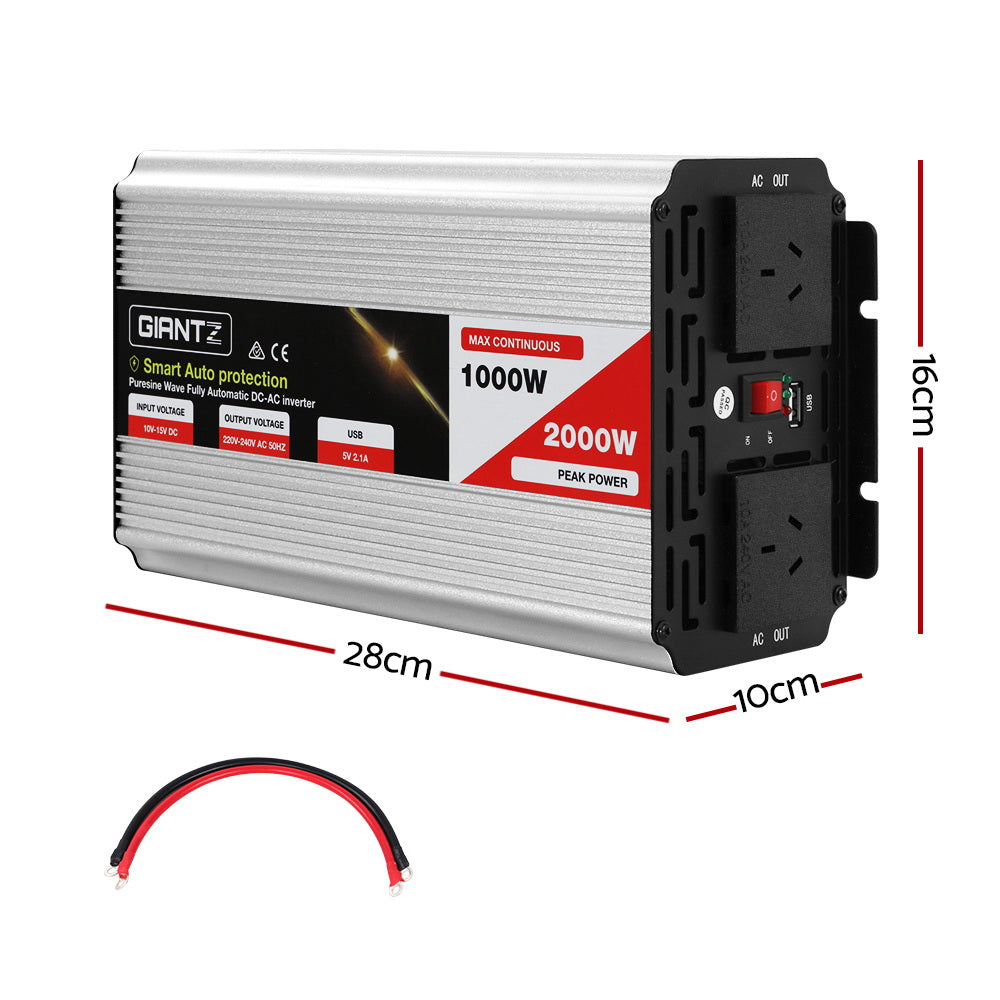 Giantz Power Inverter 1000W or 2000W Pure Sine Wave 12V-240V Camping Boat Caravan INVERT-P-1000W-SL