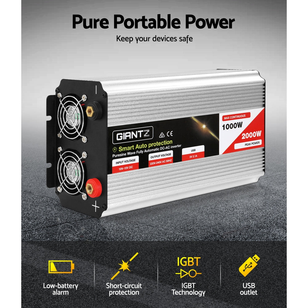 Giantz Power Inverter 1000W or 2000W Pure Sine Wave 12V-240V Camping Boat Caravan INVERT-P-1000W-SL