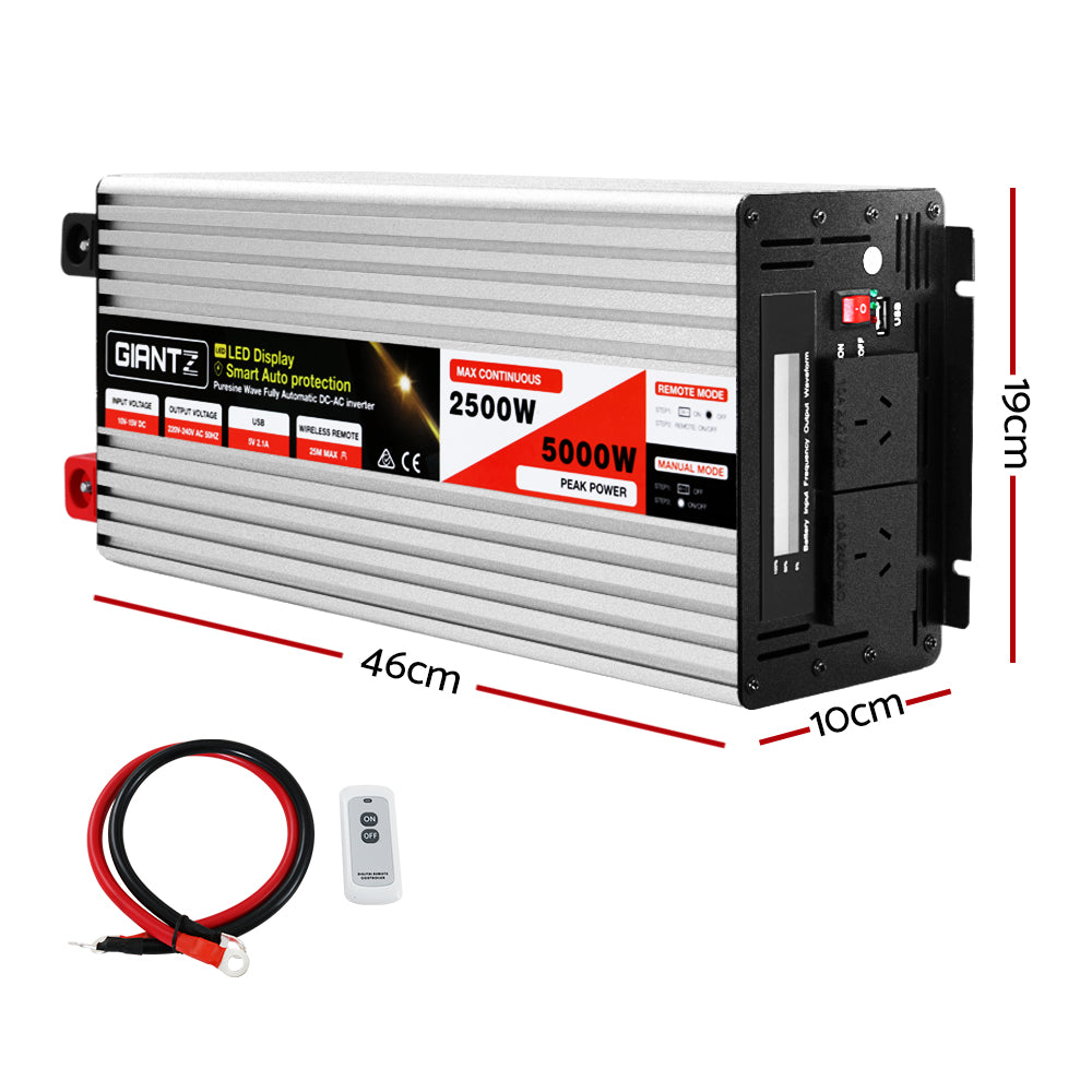 Giantz Power Inverter 12V to 240V 2500W/5000W Pure Sine Wave Camping Car Boat INVERT-P-2500W-SL
