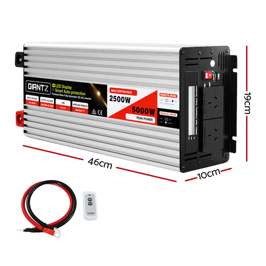 Giantz Power Inverter 12V to 240V 2500W/5000W Pure Sine Wave Camping Car Boat INVERT-P-2500W-SL