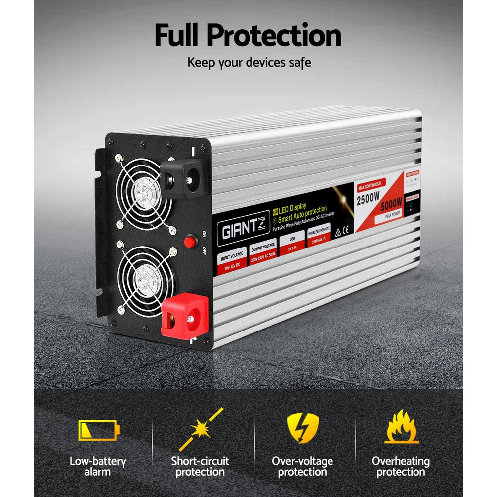 Giantz Power Inverter 12V to 240V 2500W/5000W Pure Sine Wave Camping Car Boat INVERT-P-2500W-SL