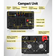 Giantz Power Inverter 12V to 240V 2500W/5000W Pure Sine Wave Camping Car Boat INVERT-P-2500W-SL