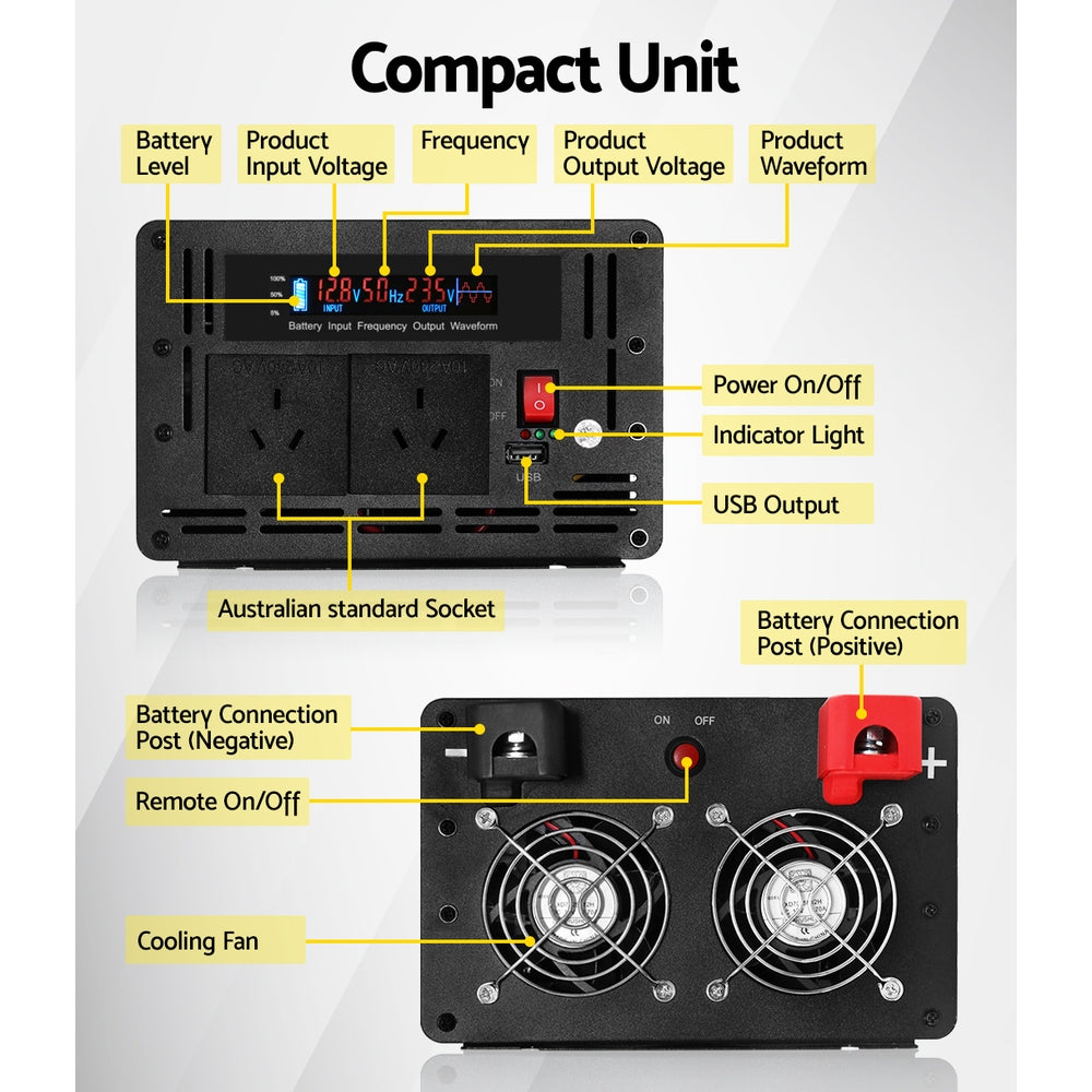 Giantz Power Inverter 12V to 240V 2500W/5000W Pure Sine Wave Camping Car Boat INVERT-P-2500W-SL