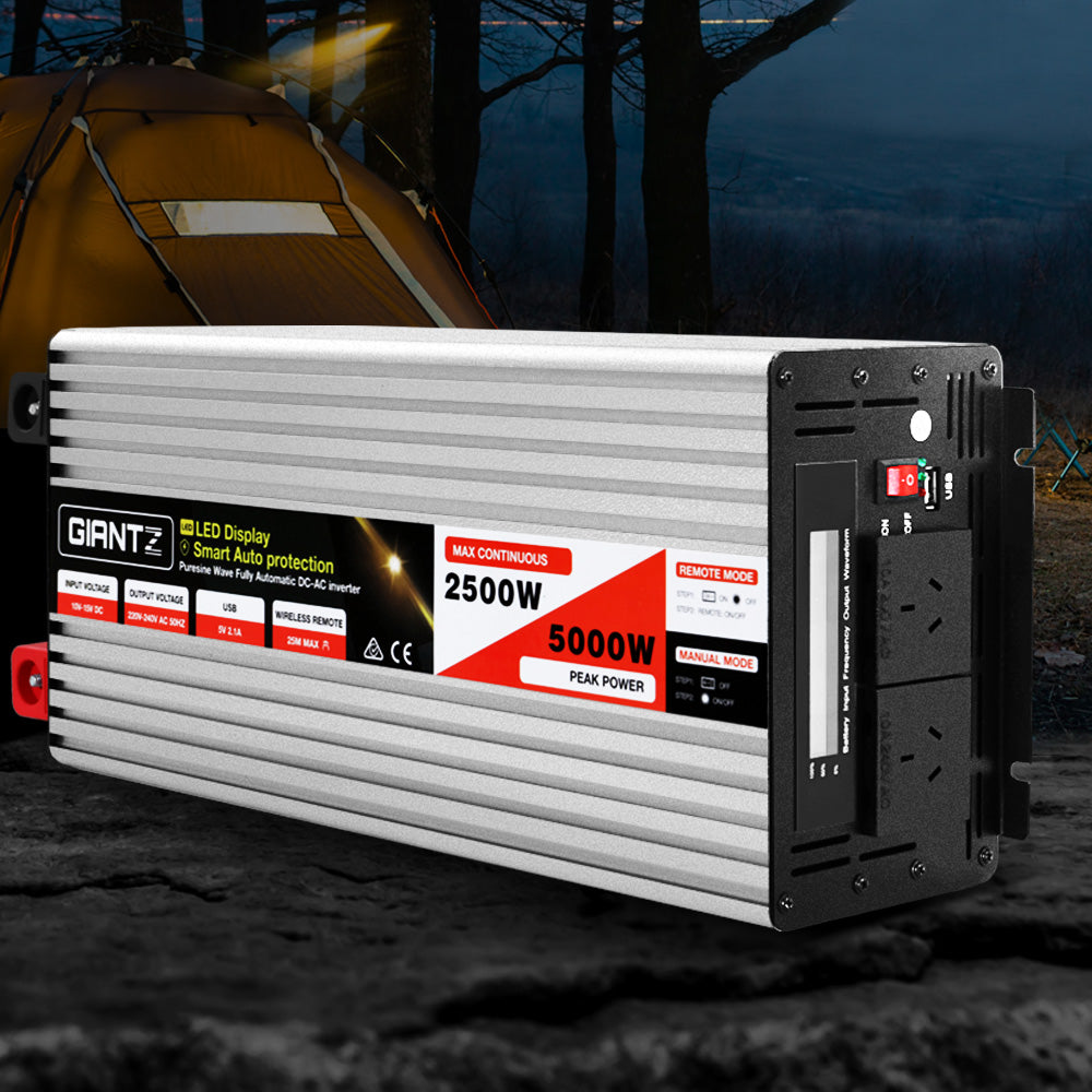 Giantz Power Inverter 12V to 240V 2500W/5000W Pure Sine Wave Camping Car Boat INVERT-P-2500W-SL