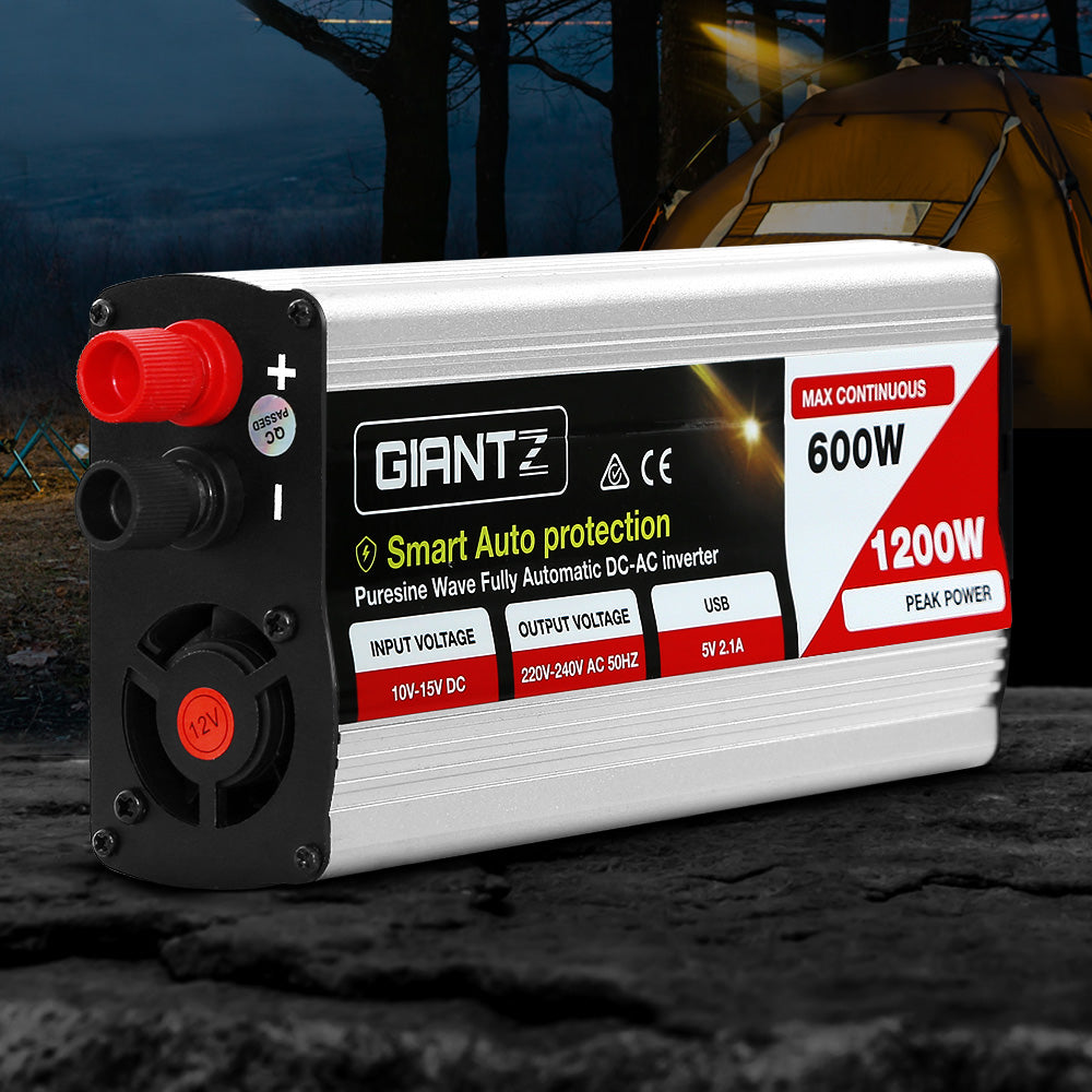 Giantz Power Inverter 600W/1200W 12V to 240V Pure Sine Wave Camping Car Boat INVERT-P-600W-SL