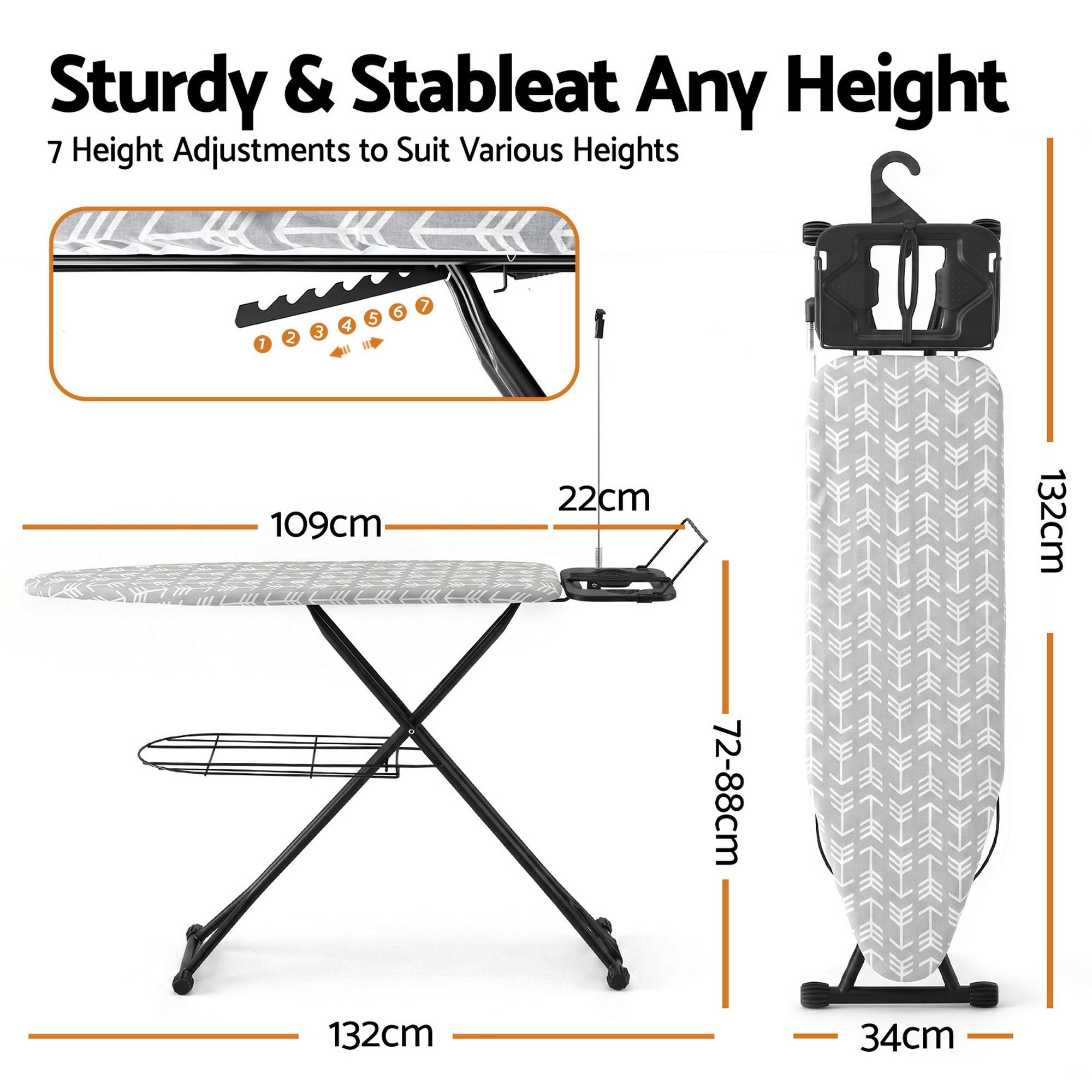 Artiss Foldable Ironing Board with Iron Rest Ironing Board for Laundry Room Arrow IRB-STAND-ARROW-N110-GY
