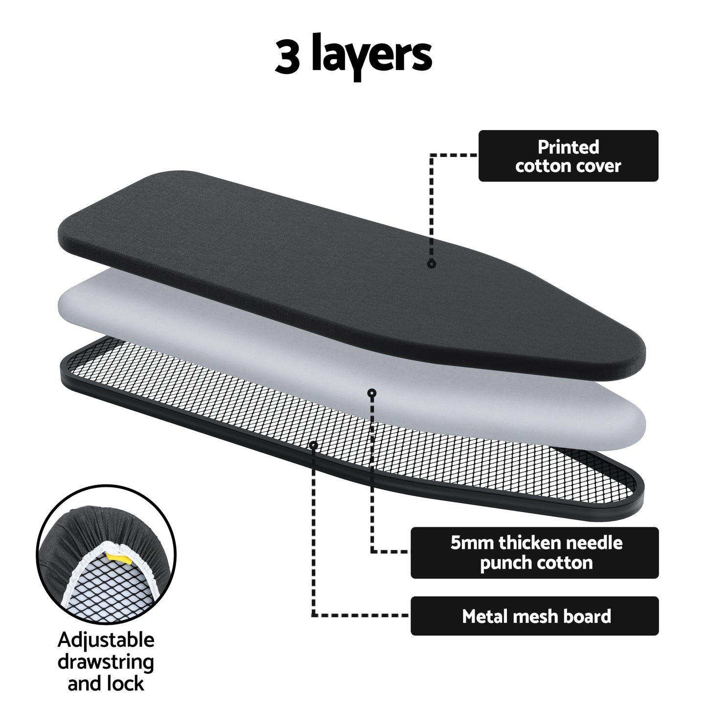 Artiss Ironing Board with Iron Rest with 3 Layers Extra Thick Cover Easy Storage IRB-STAND-REP100-BK