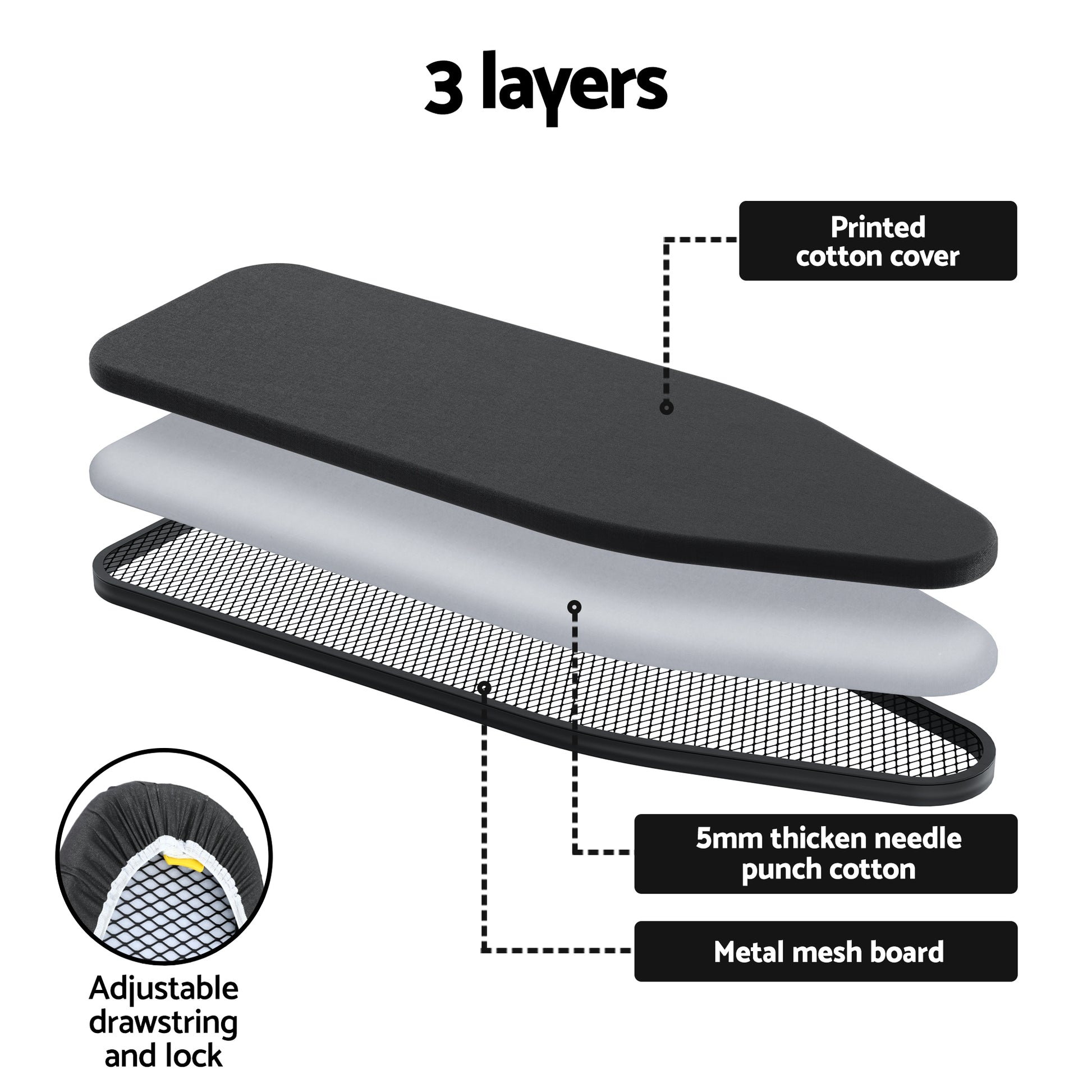 Artiss Ironing Board with Iron Rest with 3 Layers Extra Thick Cover Easy Storage IRB-STAND-REP100-BK