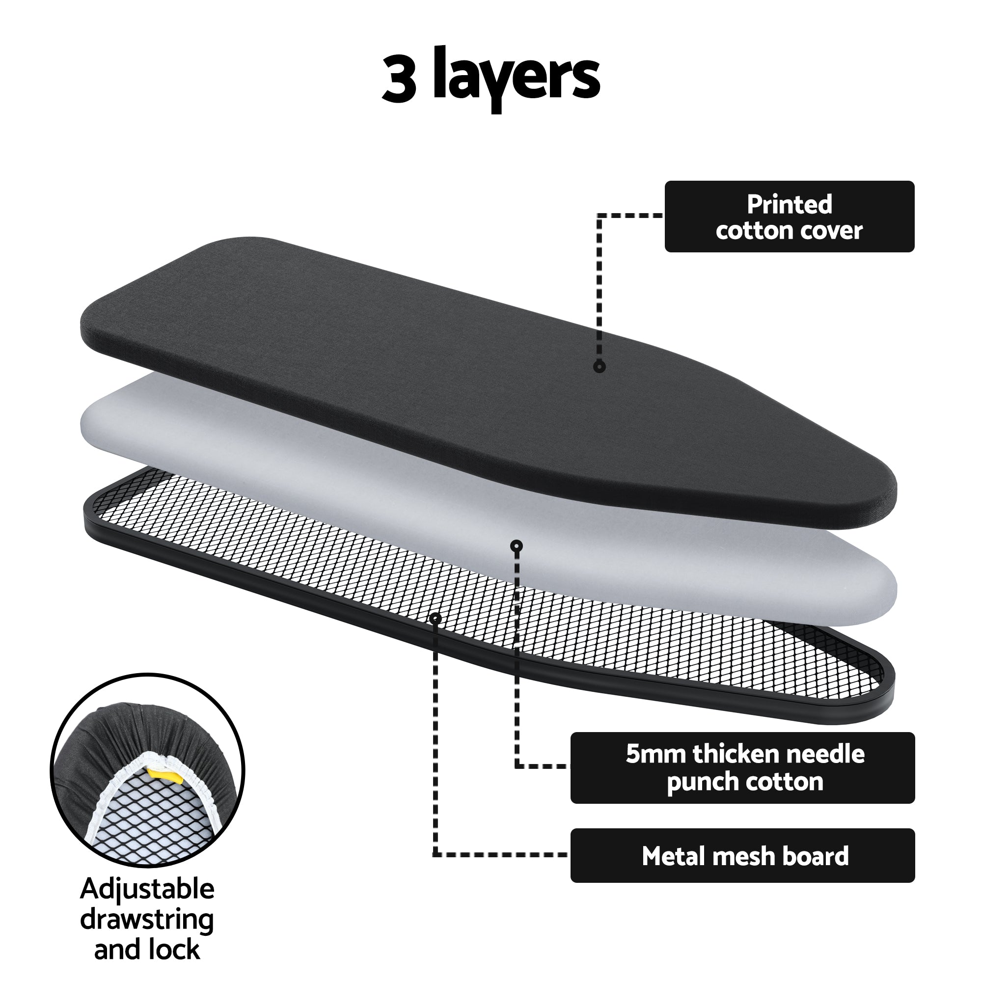 Artiss Ironing Board with Iron Rest with 3 Layers Extra Thick Cover Easy Storage IRB-STAND-REP100-BK
