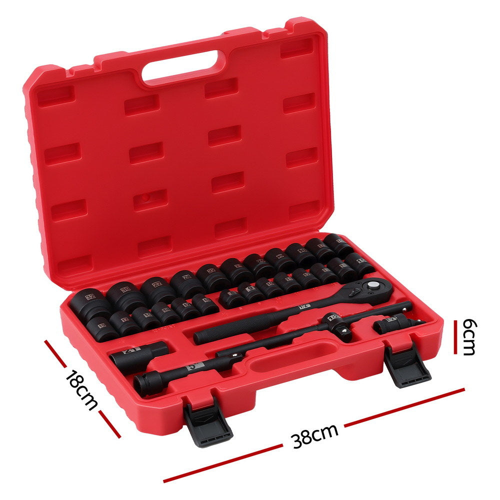 Giantz 30Pc 1/2" Drive Socket Set Cr-V Steel 8-32mm Workshop Repair ISC-30-BK