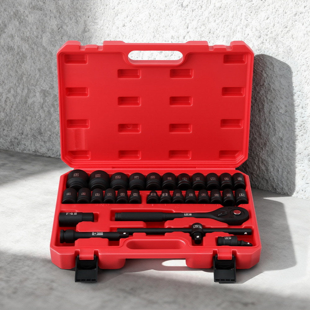 Giantz 30Pc 1/2" Drive Socket Set Cr-V Steel 8-32mm Workshop Repair ISC-30-BK