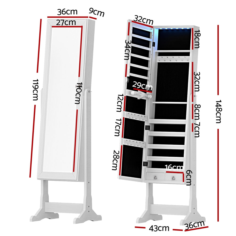 Artiss Jewellery Cabinet Mirror Free Standing JC-STAND-LED-2D-WH