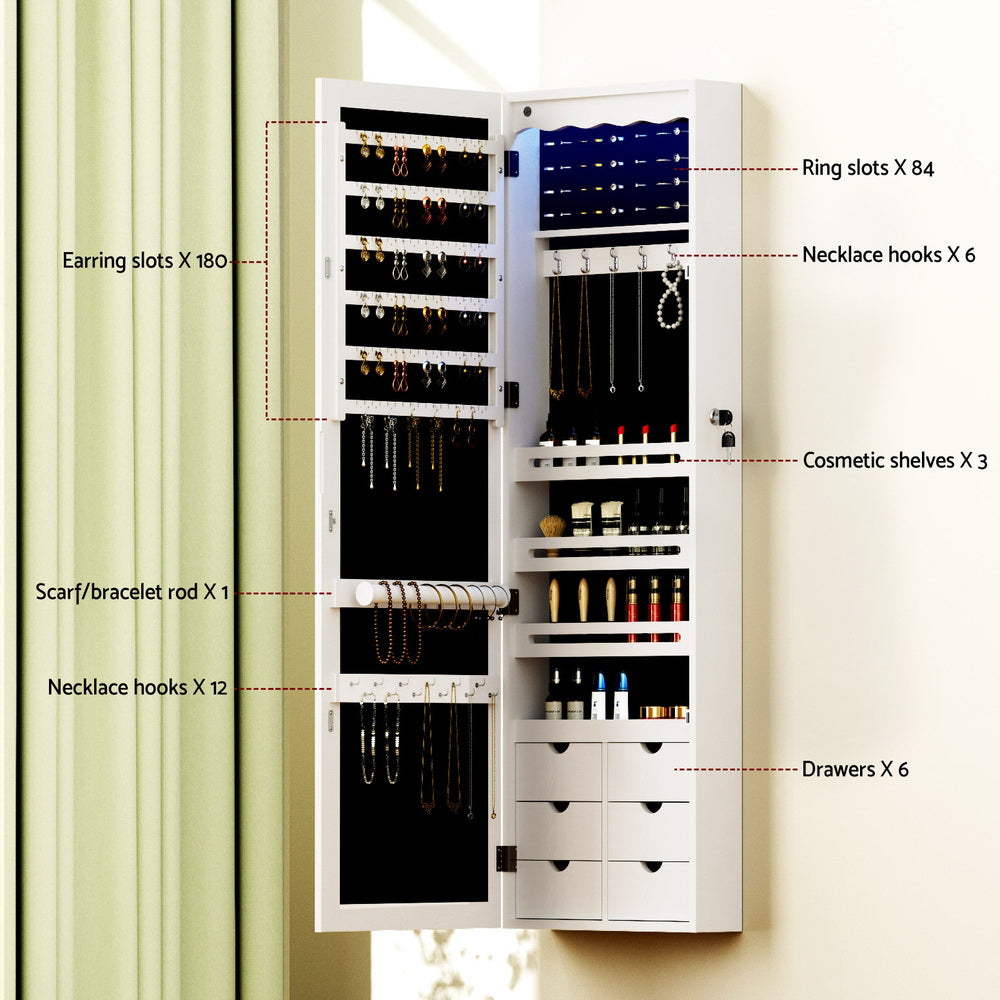 Artiss Jewellery Cabinet LED Mirror Lockable JC-WM-LED-120-WH