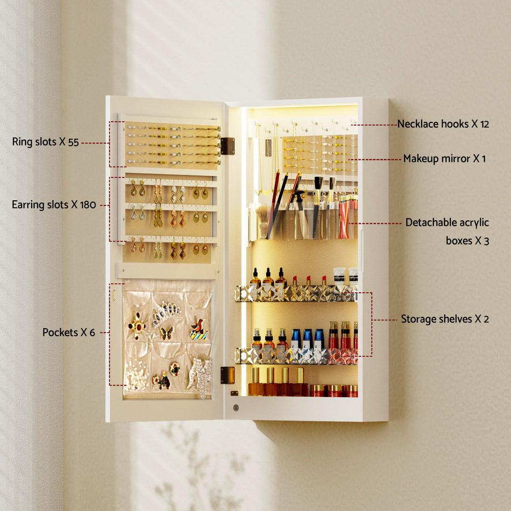 Artiss Jewellery Cabinet Mirror Door Wall Mount JC-WM-LED-60-WH