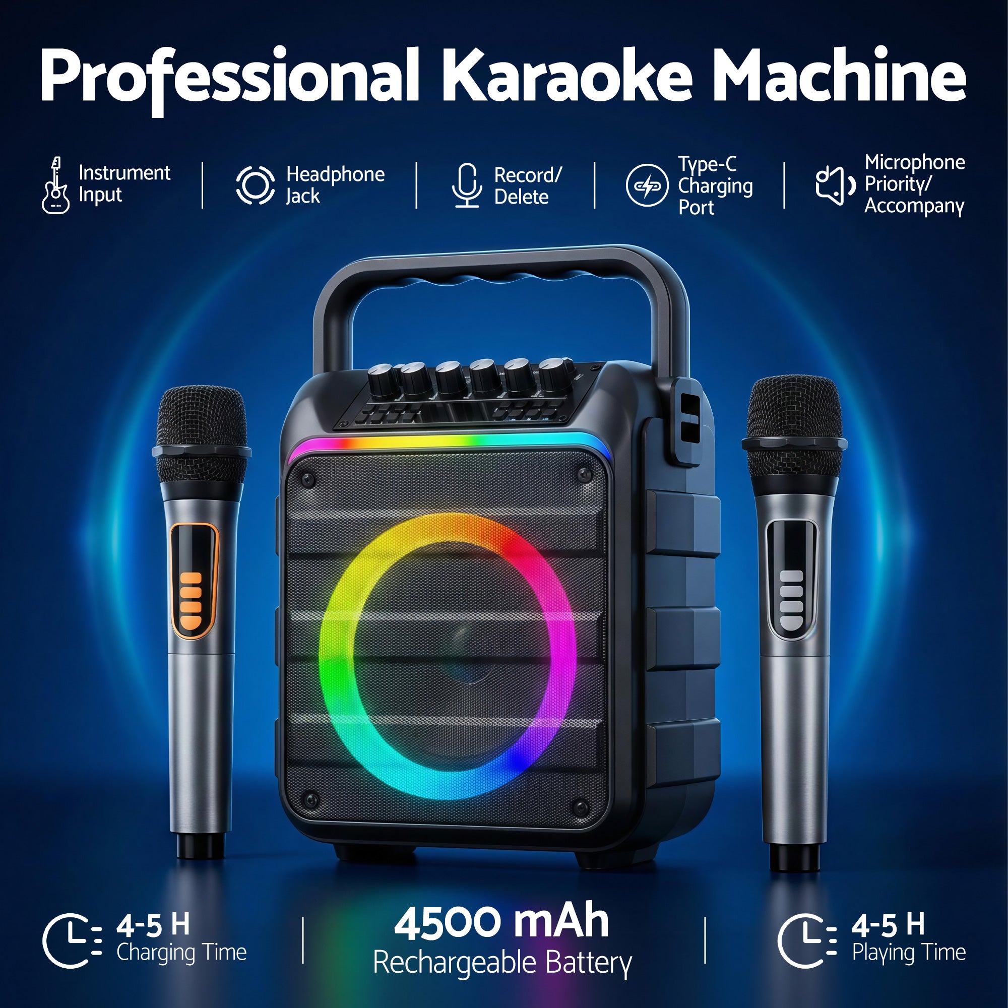 Alpha Portable Karaoke Machine with 2 Wireless Microphones Bluetooth 5.3 KAM-18W-BK