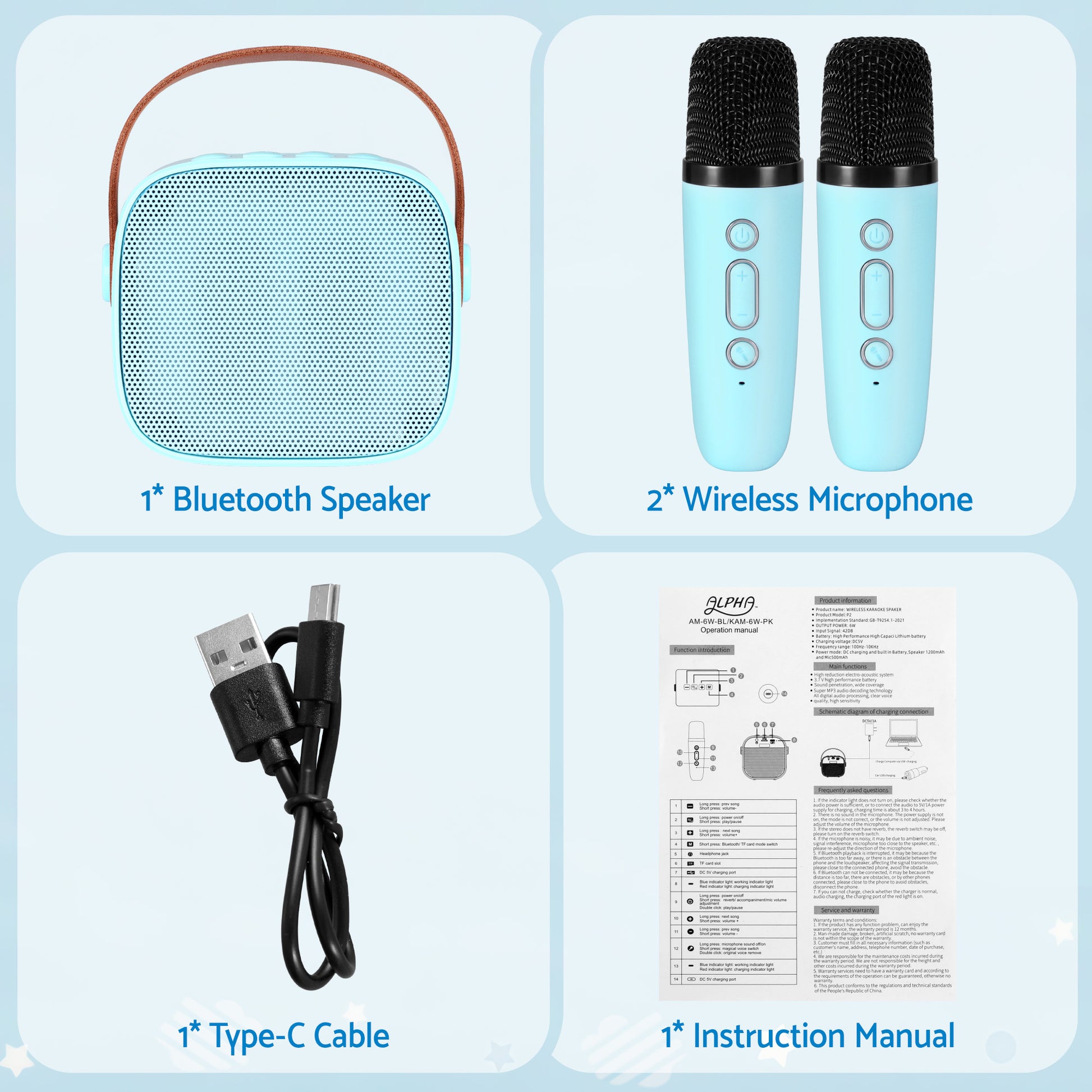 Alpha Mini Portable Karaoke Machine for Adults Kids with 2 Wireless Microphones KAM-6W-BL