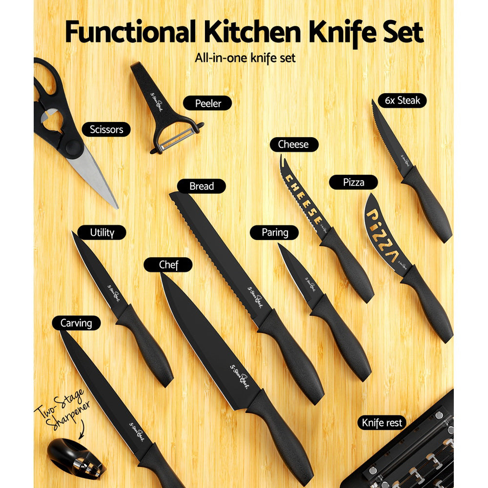 5-Star Chef 17PCS Kitchen Knife Set Stainless Steel Non-stick with Sharpener KBS-PP-17-ABK