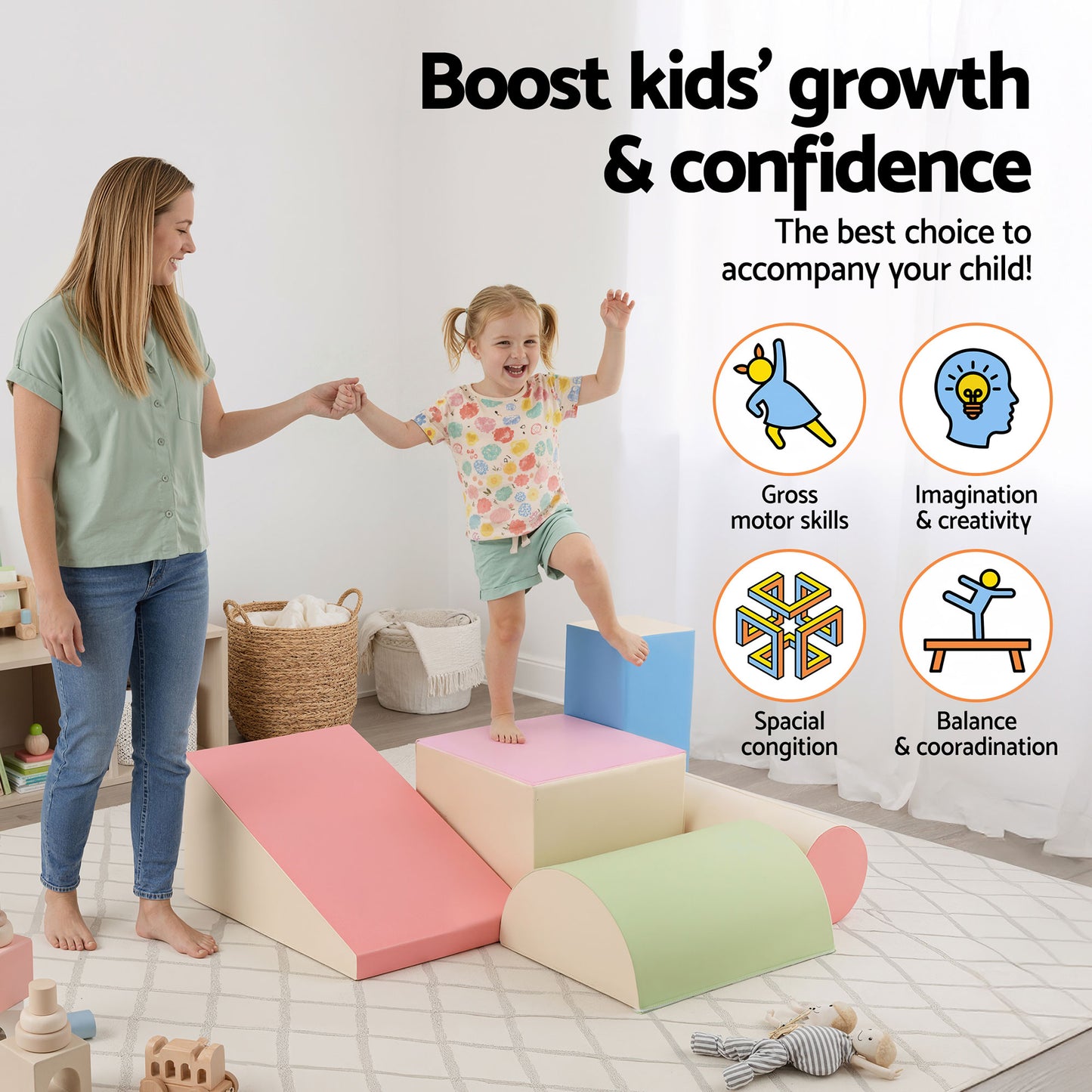 Keezi Kids Climbing Blocks 5-Piece Foam Toddler Playset Soft Indoor Climbing Toy Rocker KCB-5IN1-CLF-AB