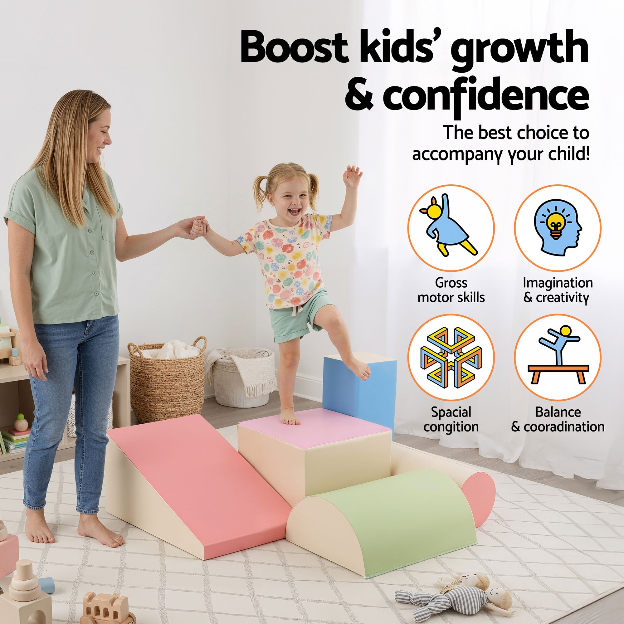 Keezi Kids Climbing Blocks 5-Piece Foam Toddler Playset Soft Indoor Climbing Toy Rocker KCB-5IN1-CLF-AB