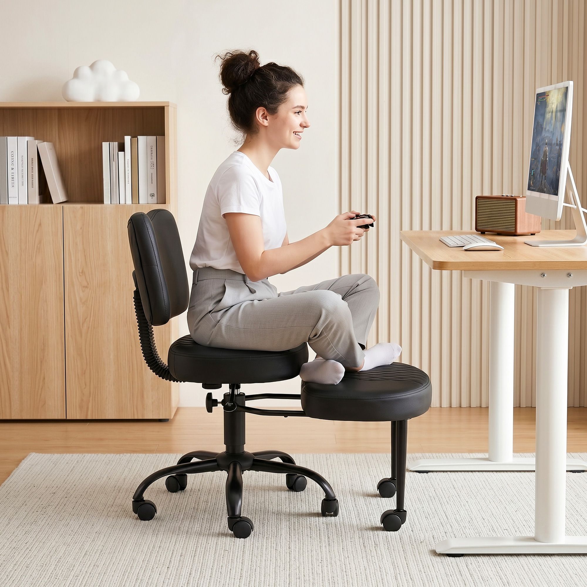 Artiss Cross Legged Kneeling Chair Adjustable Meditation Ergonomic Office Seat KCHAIR-PU-2019-BK