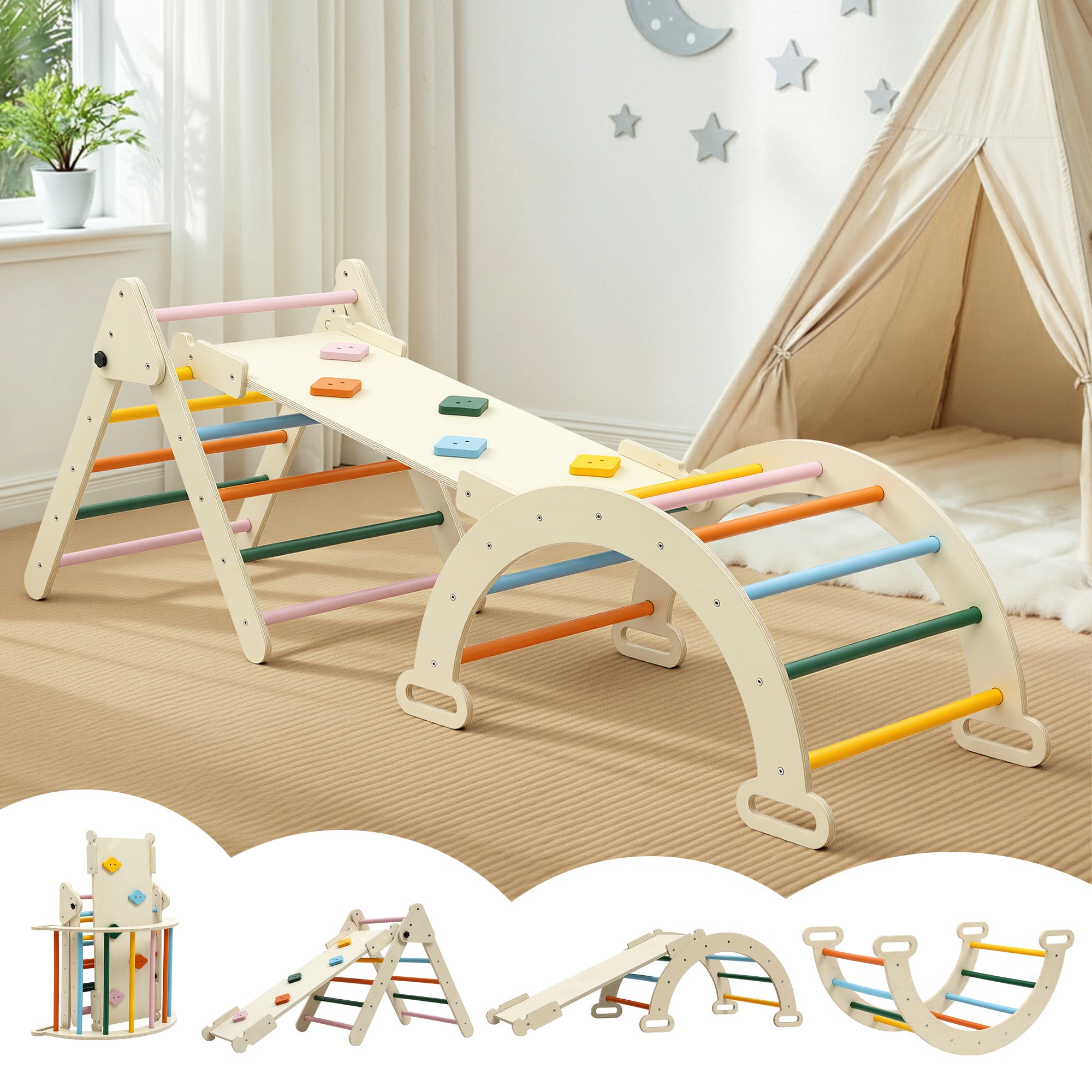 Keezi Kids Triangle Climbing Toys Set With Slide Indoor Outdoor Toddler Toys Pikler Climber With Arch KCS-SLIDE-3IN1-WOOD