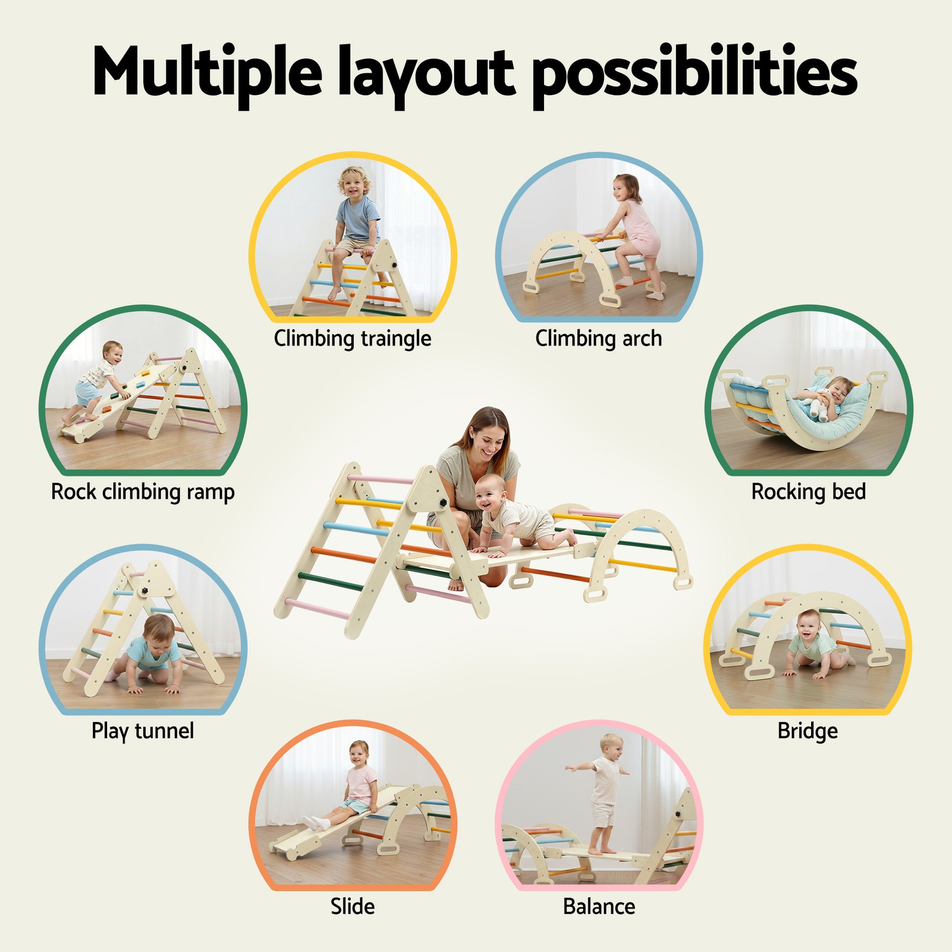 Keezi Kids Triangle Climbing Toys Set With Slide Indoor Outdoor Toddler Toys Pikler Climber With Arch KCS-SLIDE-3IN1-WOOD