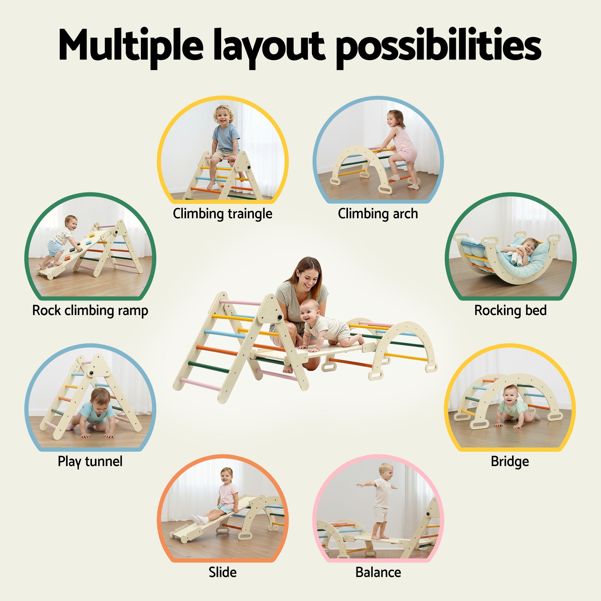 Keezi Kids Triangle Climbing Toys Set With Slide Indoor Outdoor Toddler Toys Pikler Climber With Arch KCS-SLIDE-3IN1-WOOD
