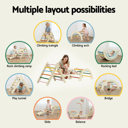 Keezi Kids Triangle Climbing Toys Set With Slide Indoor Outdoor Toddler Toys Pikler Climber With Arch KCS-SLIDE-3IN1-WOOD