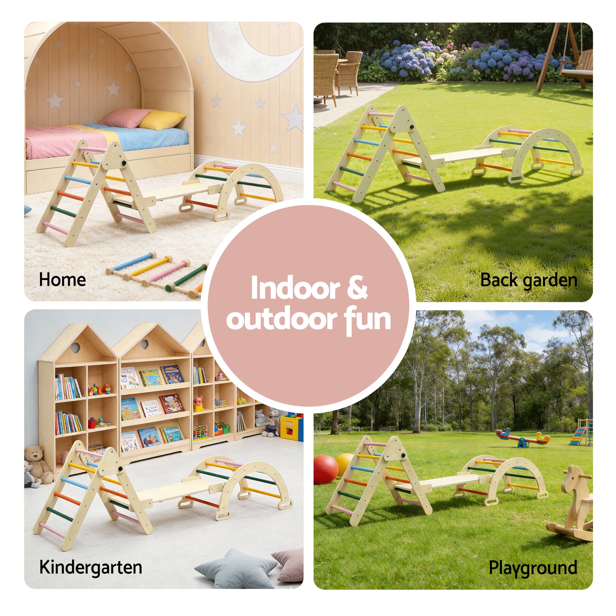 Keezi Kids Triangle Climbing Toys Set With Slide Indoor Outdoor Toddler Toys Pikler Climber With Arch KCS-SLIDE-3IN1-WOOD