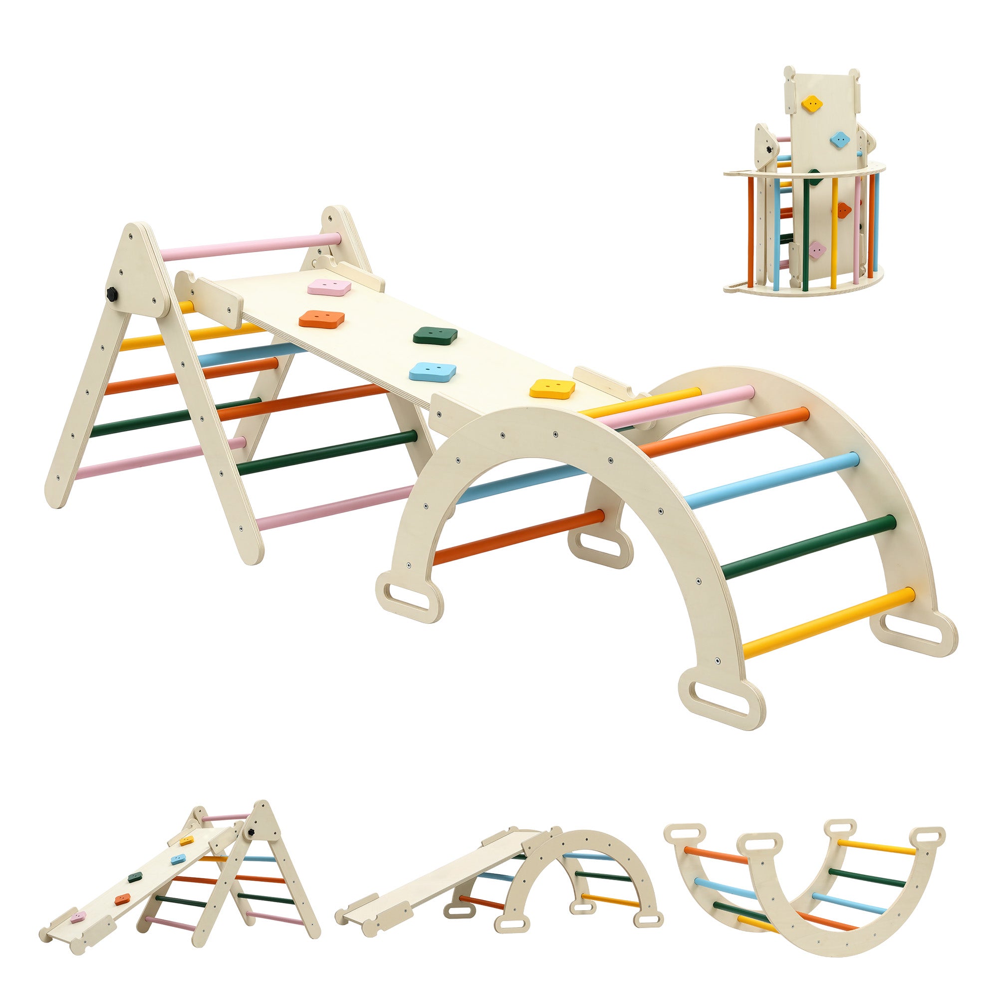 Keezi Kids Triangle Climbing Toys Set With Slide Indoor Outdoor Toddler Toys Pikler Climber With Arch KCS-SLIDE-3IN1-WOOD