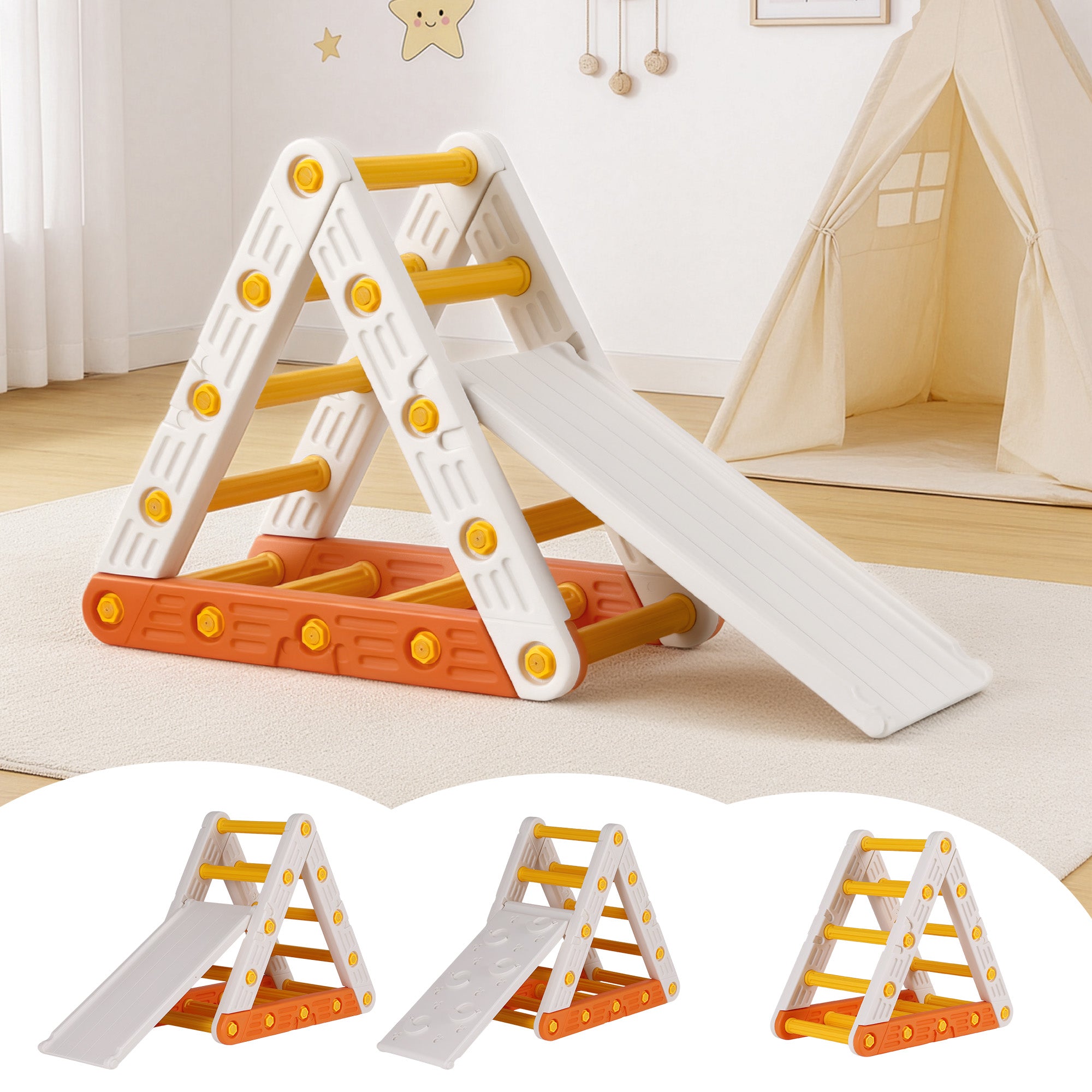Keezi Kids Climbing Frame Set With Slide Indoor Outdoor Toddler Toys Pikler Triangle Climber KCS-SLIDE-TRGL-WH