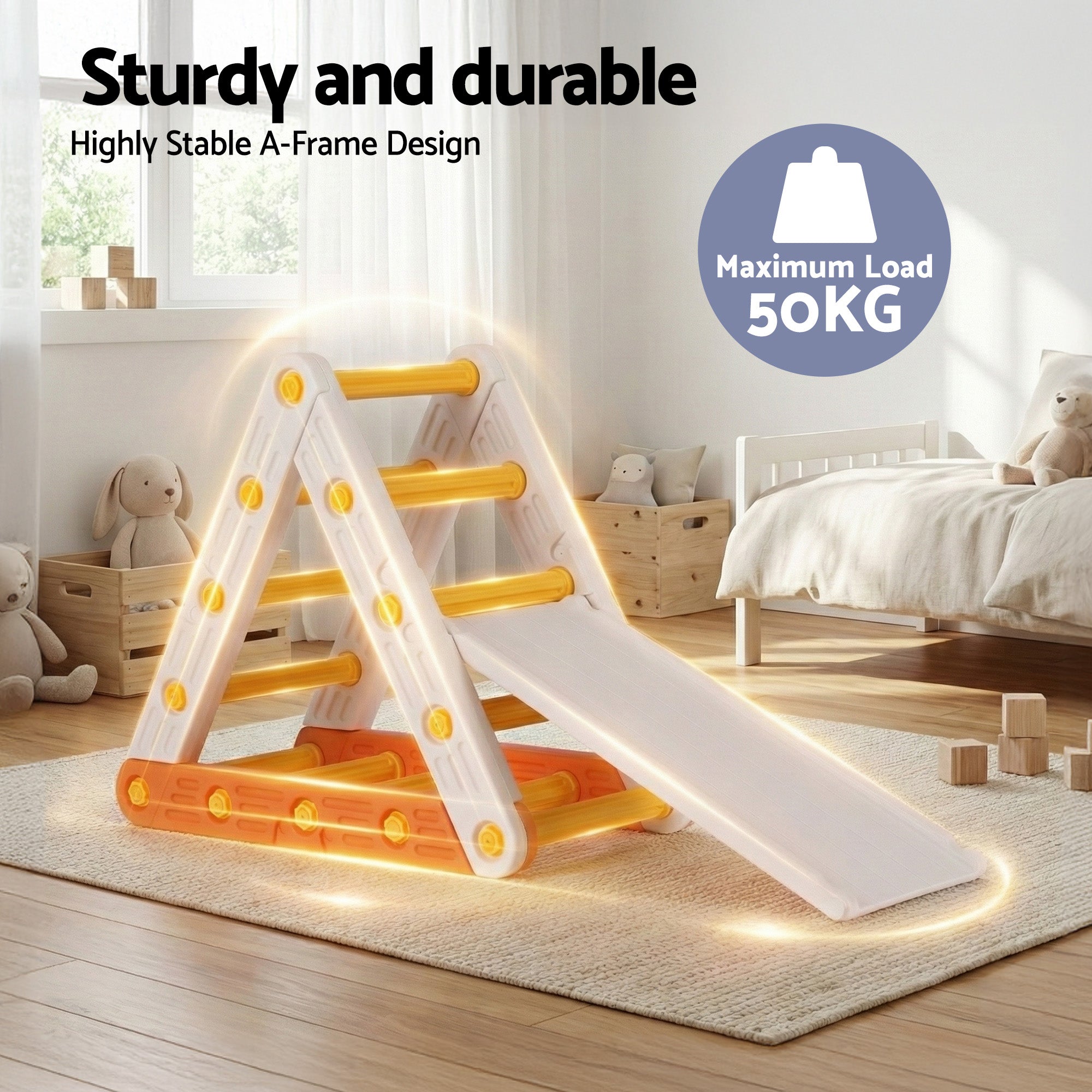 Keezi Kids Climbing Frame Set With Slide Indoor Outdoor Toddler Toys Pikler Triangle Climber KCS-SLIDE-TRGL-WH