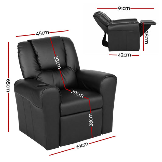 Keezi Kids Recliner Chair Black PU Leather Sofa Lounge Couch Children Armchair KID-RECLINER-BK