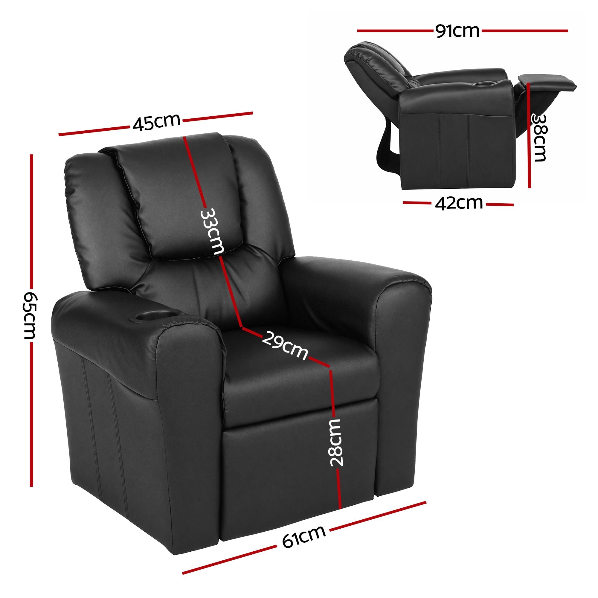 Keezi Kids Recliner Chair Black PU Leather Sofa Lounge Couch Children Armchair